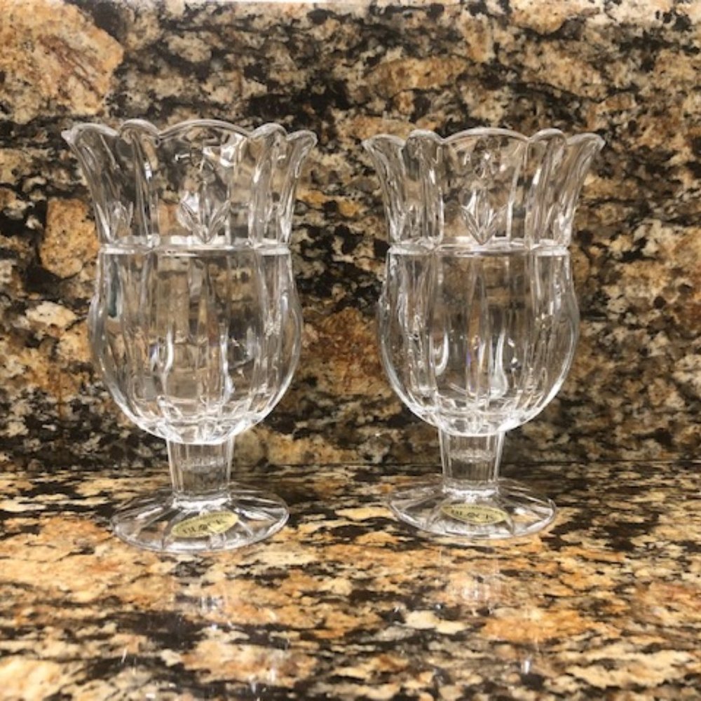 Block 24% Full Lead Crystal Candle Holders Footed 7" Set of 2